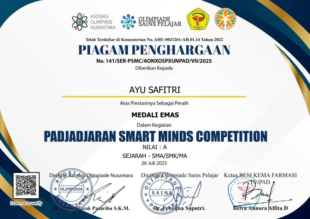 Certificate for Gold Medal — Padjadjaran Smart Minds Competition