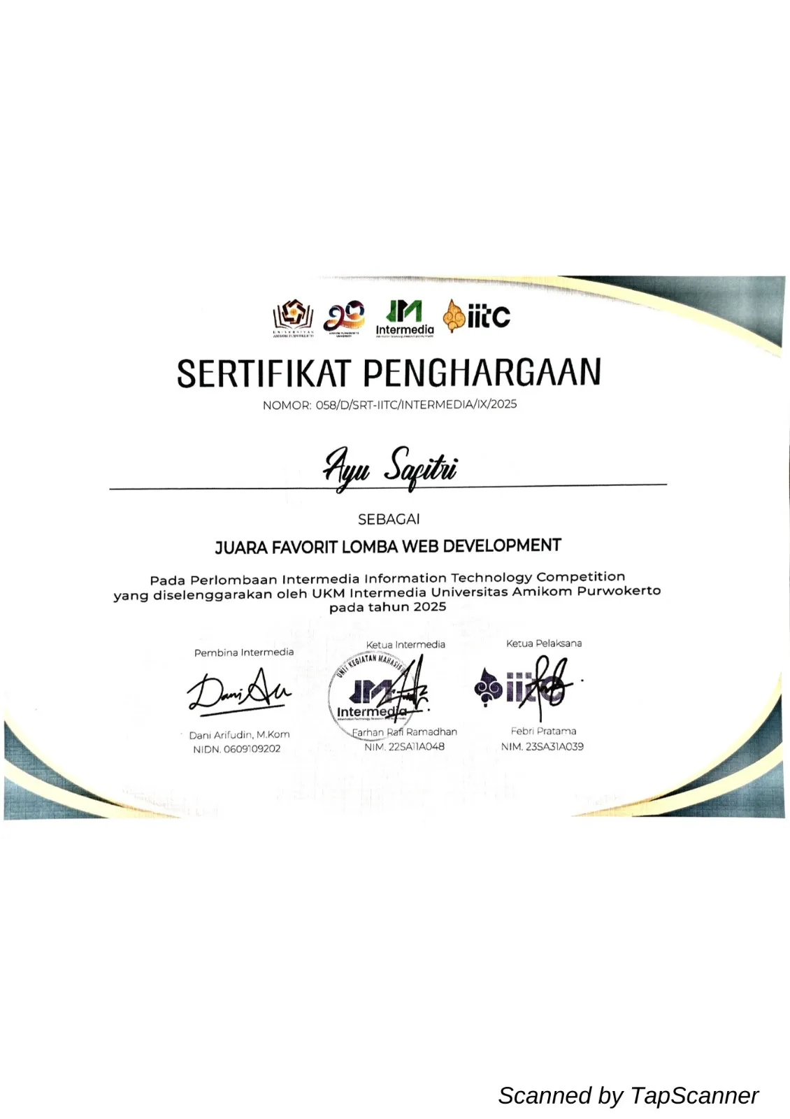 Certificate for Favorite Winner — IITC Web Development Competition