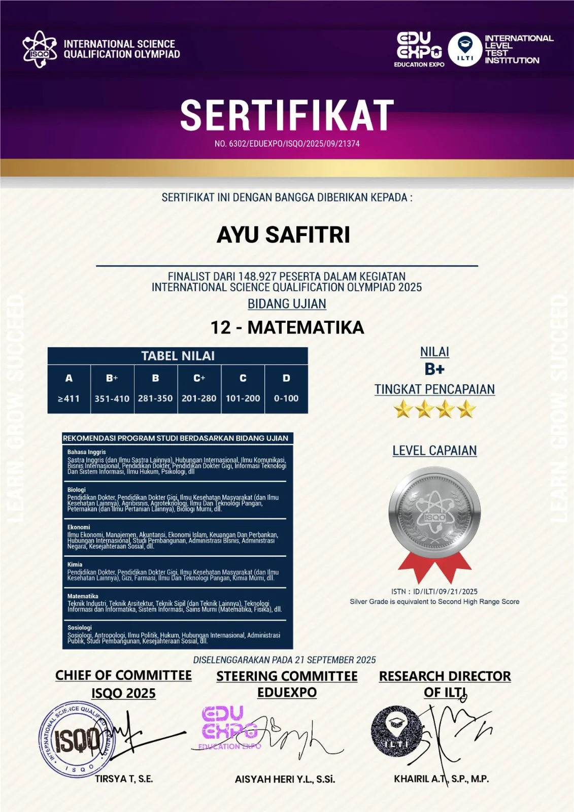 Certificate for Finalist / Silver — International Science Qualification Olympiad